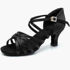 Black Strappy Latin Dance Heels with Ankle Buckle Size 5.5